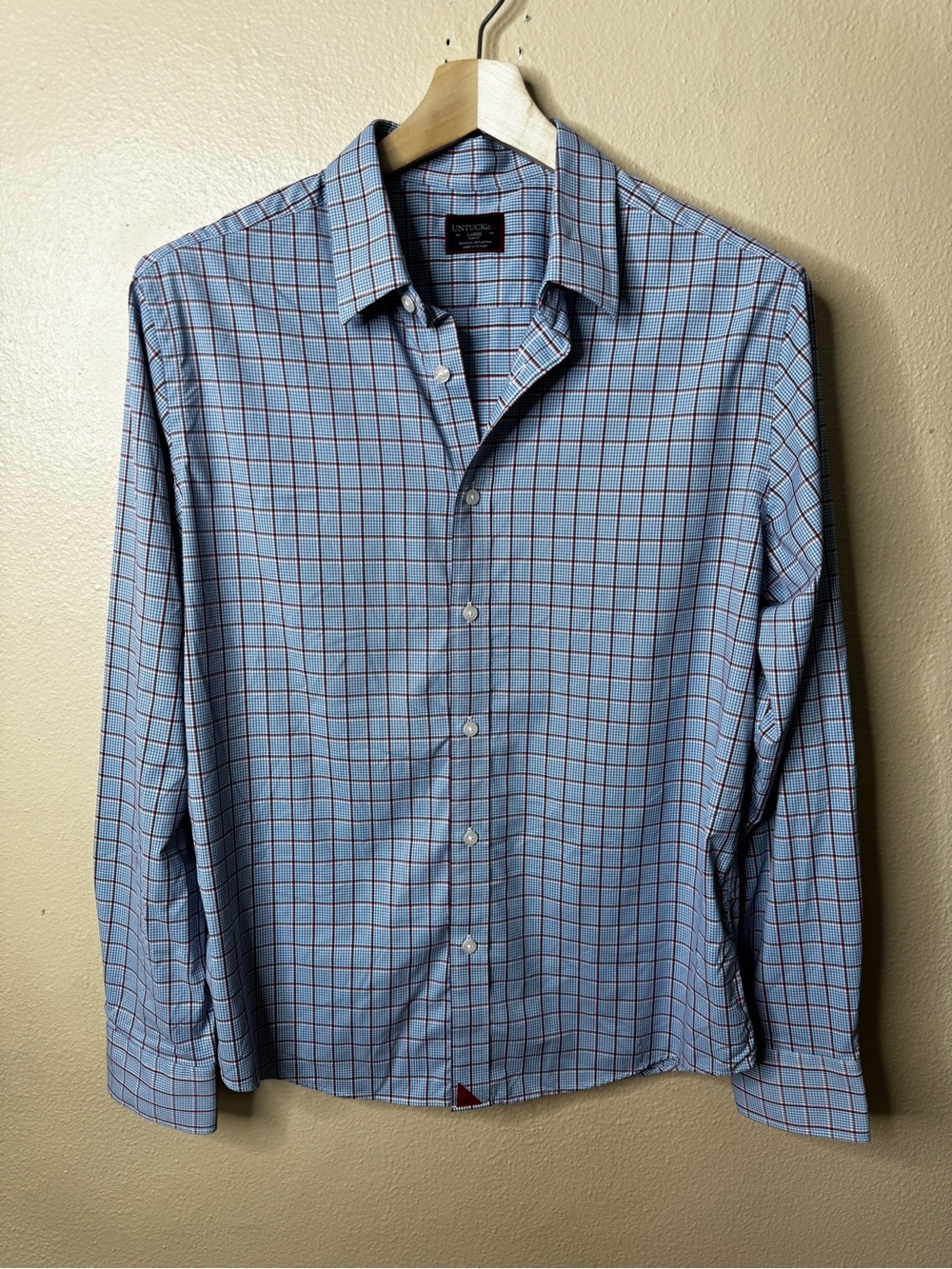 UNTUCKit Mens Large Button Up Shirt Blue Red Plaid Slim Fit Stretch Long Sleeve